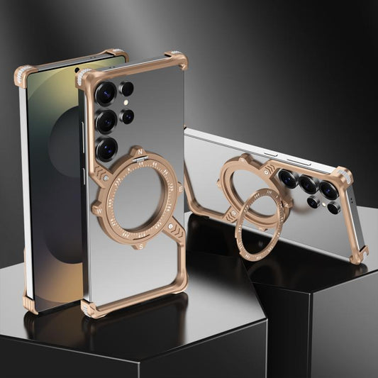 For Samsung Galaxy S22 Ultra 5G S Shaped 360 Holder Airbag Frameless MagSafe Metal Phone Case(Desert Gold) by bashfashion