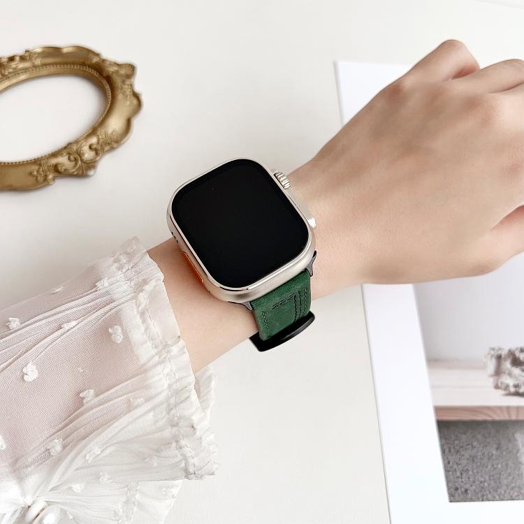 For Apple Watch 46mm / 49mm / 45mm / 44mm 7-Line Tri-Star Buckle Pull Up Leather Watch Band(Beige Red Thread) by bashfashion