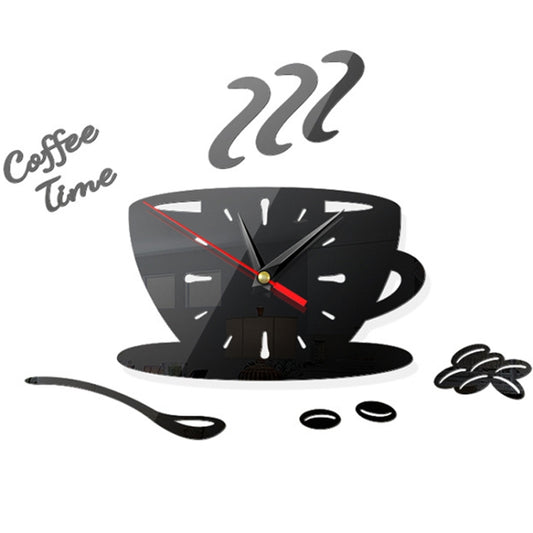 Home DIY 3D Stereo Decorative Fashion Coffee Wall Clock Acrylic Mirror Wall Sticker Coffee Clock(Black) by bashfashion