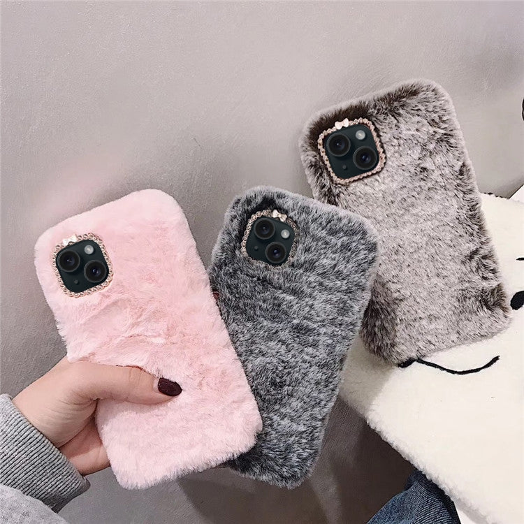 For iPhone 13 mini Diamond Lens Ring Solid Color Plush Phone Case(Brown) by bashfashion