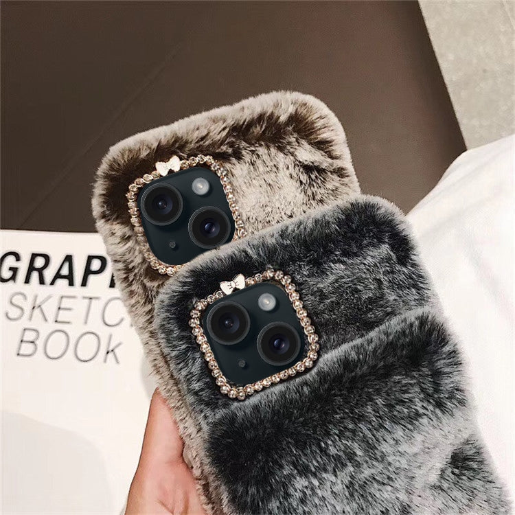 For iPhone 13 mini Diamond Lens Ring Solid Color Plush Phone Case(Brown) by bashfashion