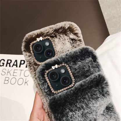 For iPhone 13 mini Diamond Lens Ring Solid Color Plush Phone Case(Brown) by bashfashion