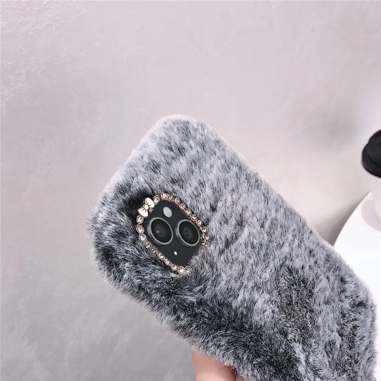 For iPhone 13 mini Diamond Lens Ring Solid Color Plush Phone Case(Brown) by bashfashion
