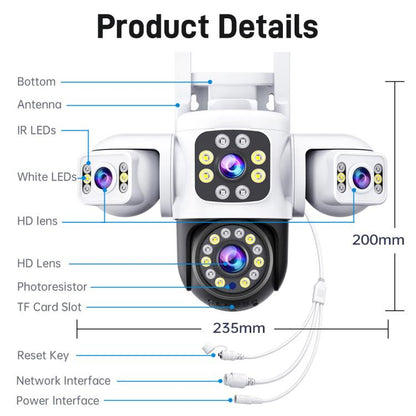 2MP HD 360 Degree Panorama 3 Lens IP66 Waterproof Wireless WiFi Camera, Memory:15 Days Memory Card(EU Plug) by bashfashion