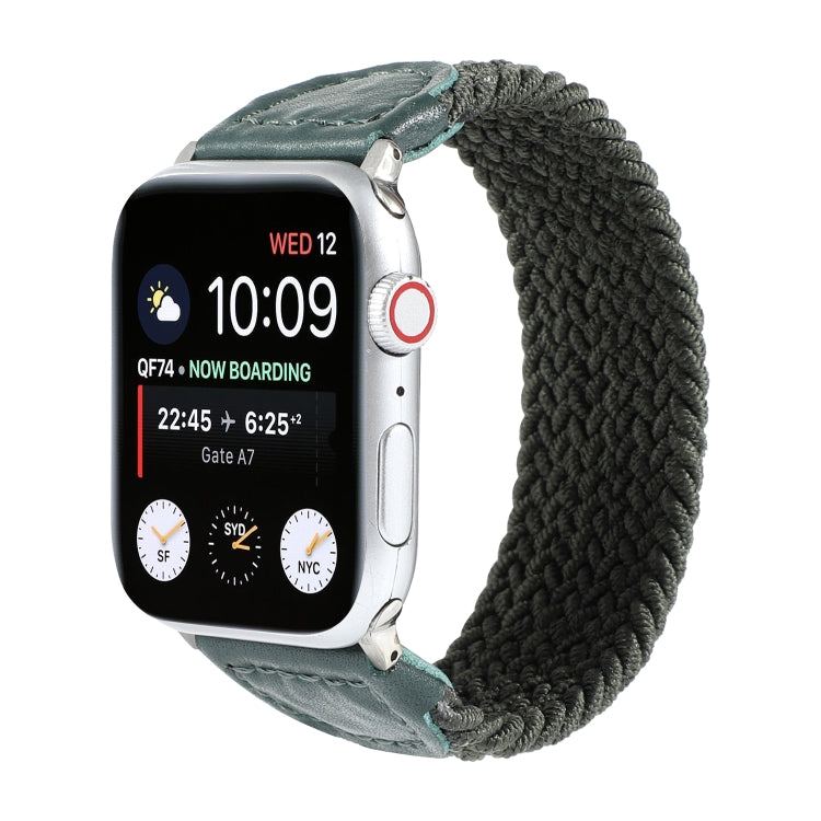 Nylon + Leather Braided Watch Band For Apple Watch Series 9&8&7 41mm / SE 3&SE 2&6&SE&5&4 40mm / 3&2&1 38mm, Size:M(Army Green) by bashfashion