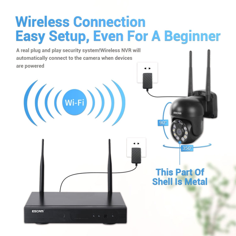 ESCAM WNK618 3.0 Million Pixels 8-channel Wireless Dome Camera HD NVR Security System, Support Motion Detection & Two-way Audio & Full-color Night Vision & TF Card, US Plug by ESCAM