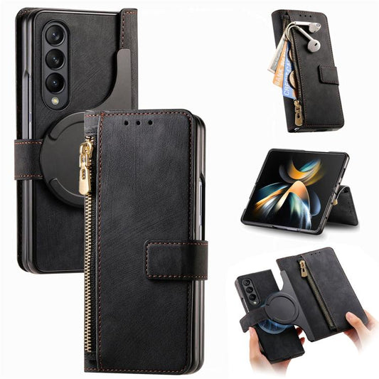 For Samsung Galaxy Z Fold4 Retro MagSafe Magnetic Zipper Wallet Leather Phone Case(Black) by bashfashion