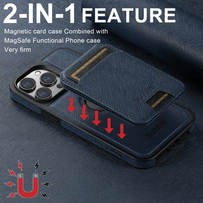 For iPhone 16 Plus Suteni M2 Cross-Grain MagSafe Vertical Card Back Phone Case(Blue) by Suteni
