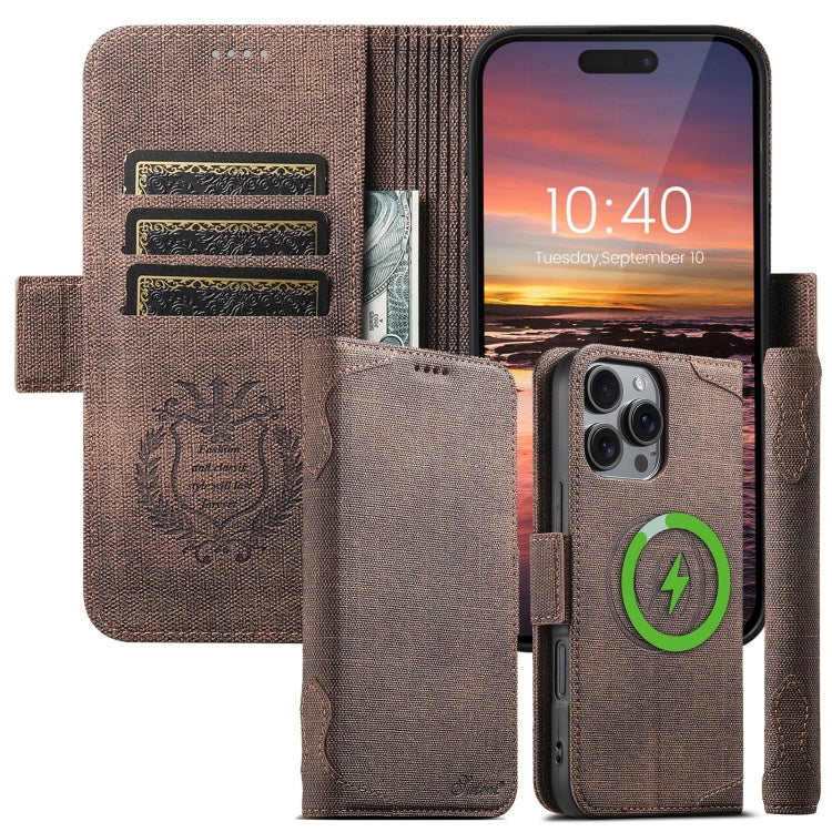 For iPhone 15 Plus Suteni J07 Multi-functional Horizontal MagSafe Denim Leather Phone Case(Brown) by Suteni