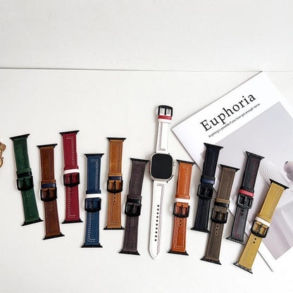 For Apple Watch 42mm / 41mm / 40mm / 38mm 7-Line Tri-Star Buckle Pull Up Leather Watch Band(Burgundy White Thread) by bashfashion