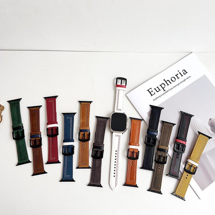 For Apple Watch 46mm / 49mm / 45mm / 44mm 7-Line Tri-Star Buckle Pull Up Leather Watch Band(Beige Red Thread) by bashfashion