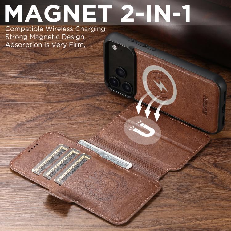 For iPhone 17 Pro Max Suteni Q06 2-in-1 Multi-function Detachable Wallet MagSafe Phone Case(Brown) by Suteni