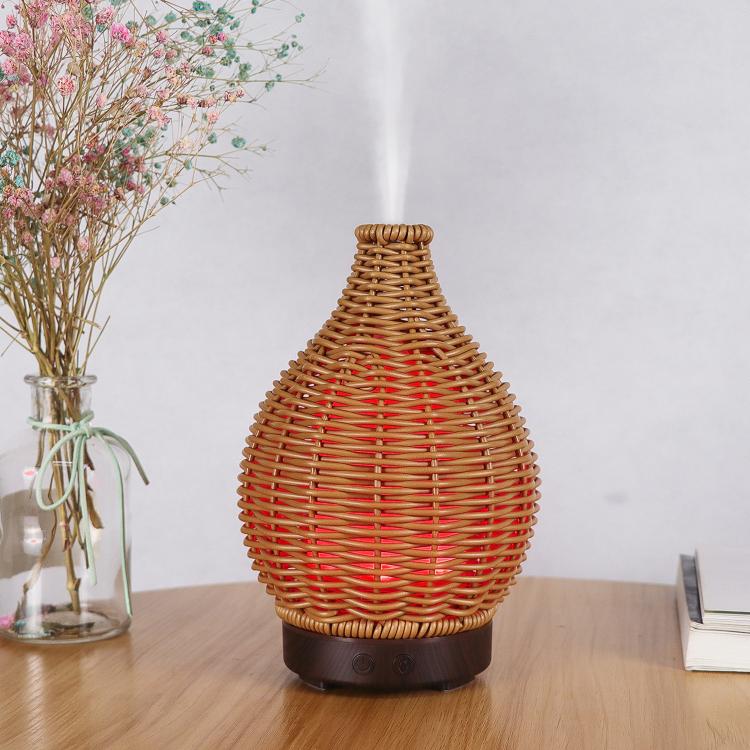 24V EU Plug 100ML Hollow Rattan Ultrasonic Humidifier & Aromatherapy Diffuser with 7-Color LED Lights(Dark Wood Grain) by bashfashion