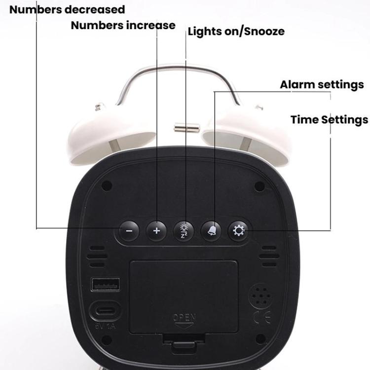 Loud Metal Powerful Ringing Clock LED Multifunction Clock, Color: White Shell Green Light by bashfashion